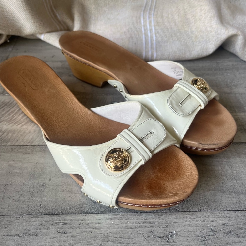Coach Cream and Tan Wedge Sandals